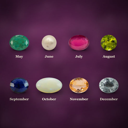 Eight birthstones labelled by month