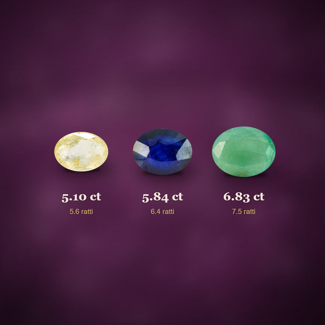 Yellow sapphire, blue sapphire and emerald with their weights in carat and ratti