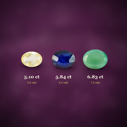 Yellow sapphire, blue sapphire and emerald with their weights in carat and ratti