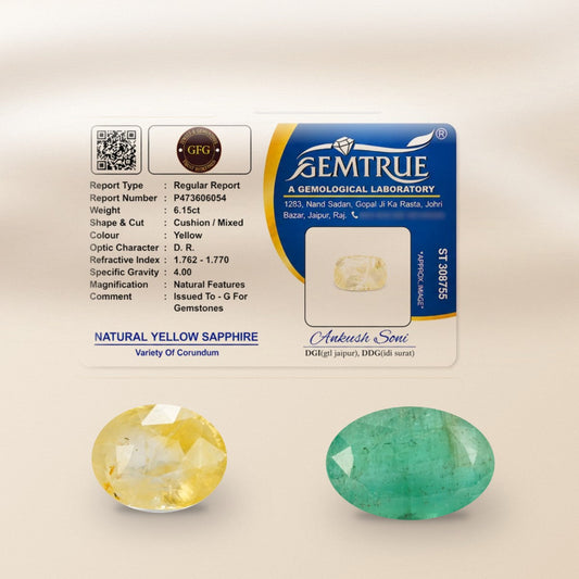 Sample gemstone lab certificate with a yellow sapphire and an emerald