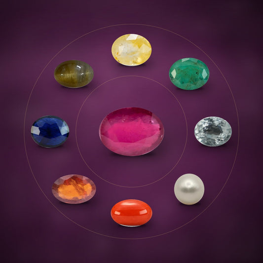 Nine planetary gemstones arranged around a ruby